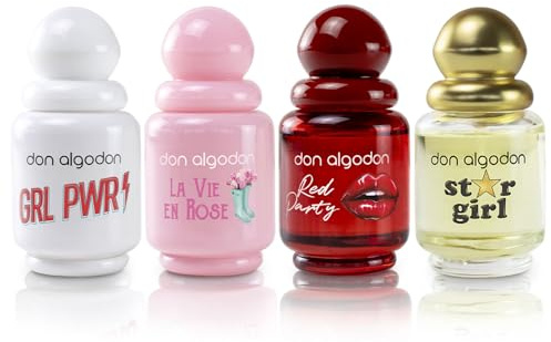 Don Algodón Pack 4 Mini Colonias Mujer | Eau de Toilette 4 x 30 ml | Girl Power, Vie en Rose, Star Girl y Red Party | Set de Perfumes Femeninos | Ideal para Viaje y Regalo