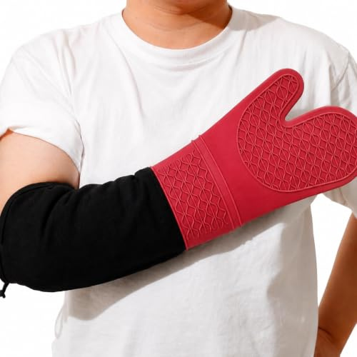 Lot de 2 gants de cuisine extra longs à haute température antidérapants en silicone résistant à la chaleur jusqu'à 500 degrés, idéal pour la cuisine, la pâtisserie et la friture, rouge