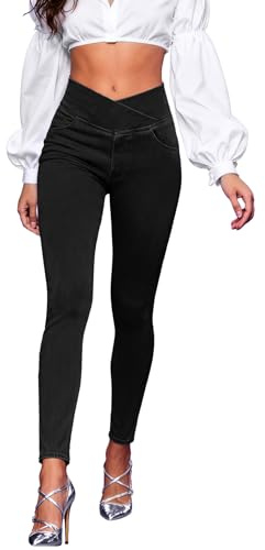 AIMILIA Crossover Jeggings for Women Tummy Control High Waist Pull On Stretchy Jeans Denim Leggings with Pockets Slimming Black