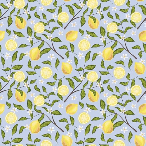 VEELIKE Tapete Zitrone Blau Selbstklebende Tapete Blätter Blau Blumentapete Obst Mustertapete Klebefolie Küche Badezimmer Fototapete Schlafzimmer Wandtapete Wohnzimmer Küchentapete 44.5 cm × 300 cm