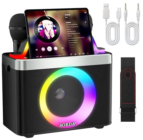SORDA Portable Karaoke Machine for Adult Kid, Bluetooth Speaker with 2 Rechargeable Wireless Microphones, Shoulder Strap, Voice Change, Support Echo/USB/AUX, for Outdoor Indoor Gathering Party Gifts