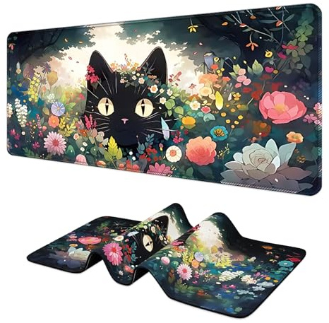 BVI BOOMERVIVI Gaming-Mauspad XXL, 800 x 300 mm Niedliches Katzen-Mauspad mit genähten Kanten, wasserfestes Computer-Mauspad mit Rutschfester Gummibasis für Gamer, Büro und Zuhause (Katze in Blumen)
