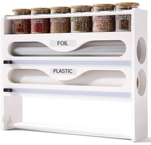 Fibogollo Wrap Dispenser with Cutter and Labels,4-in-1 Wall Mounted Bamboo Plastic Wrap Organizer with Spice shelf and Paper Towel Holder for Aluminum Foil,Cling Wrap,Wax,Parchment,Zipper Bags（White）
