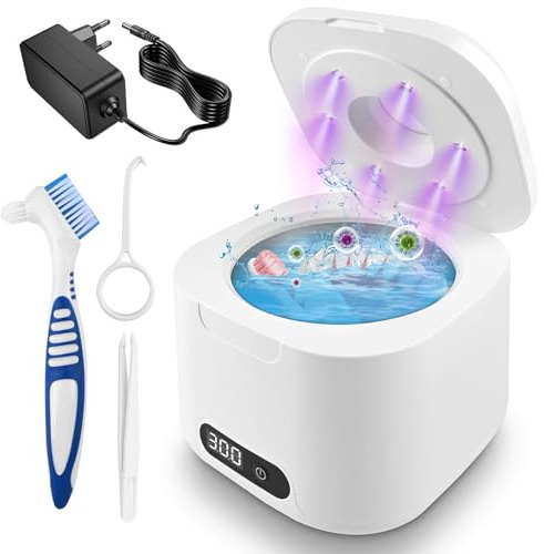 SternSinn Dispositivo di pulizia ad ultrasuoni, 49000 Hz con 6 lampade UV e 340 ML Ultrasonic Cleaner Dental Pod, 40 W ad alta potenza, per protesi dentarie, gioielli, protesi, Aligner, bianco