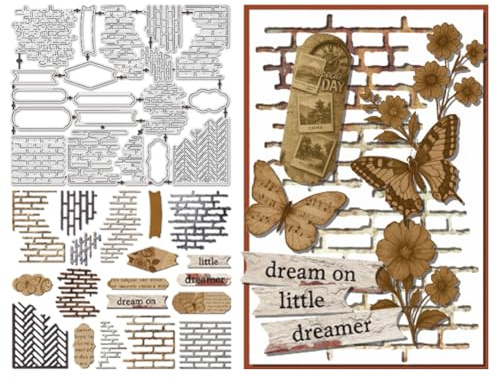 UNICRAFTALE 19 Stück Wiederverwendbare Metall Stanzschablonen Retro Etikett Thema Ziegelstein Muster Prägeschablonen Hintergrund Schablonen Für Kartenherstellung DIY Basteln Scrapbooking Deko
