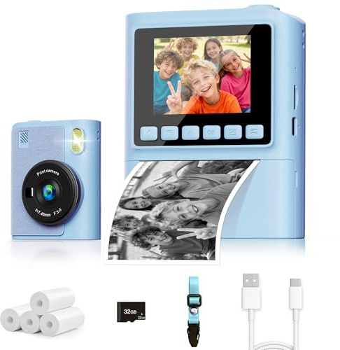 Macchina Fotografica Bambini, 1080P Macchina Fotografica Istantanea Regali di Natale Compleanno con Scheda da 32 GB e 4 Papier Photo, Fotocamera Digitali Bambini Giochi Musicale per Ragazzi e Ragazze