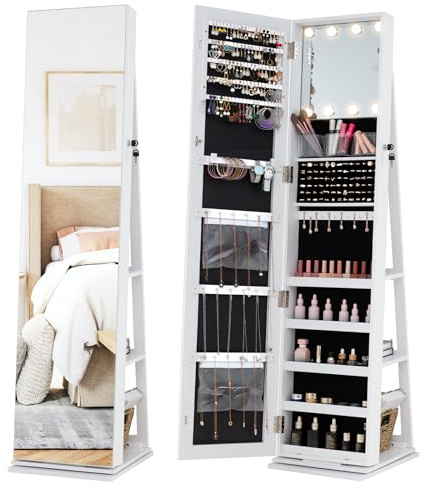 COSTWAY 360° Swivel Jewellery Cabinet, Lockable Jewelry Armoire with 3-Color LED Makeup Mirror and Large Storage, Freestanding Cosmetics Jewellery Organiser (White, Full Length Mirror)