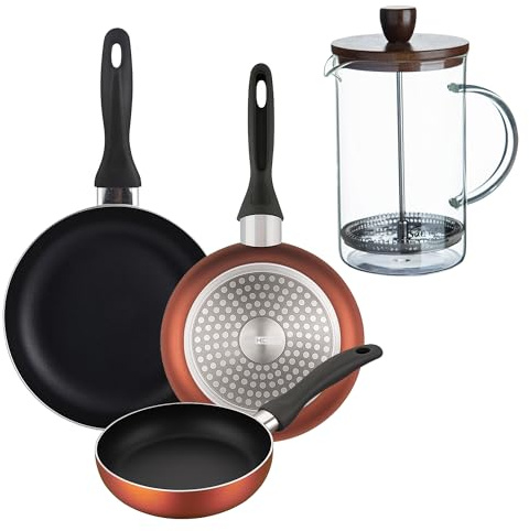 Well Home Lot de 3 poêles Ø16Ø20Ø24 cm en aluminium pressé en cuivre métallisé + cafetière à piston en verre borosilicate 15,8 x 10 x 18,8 cm