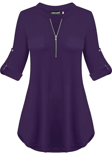 Odosalii Damen V-Ausschnitt Kariert Bluse 3/4 Ärmel Kurzarm Tunika | Reißverschluss Tops Longshirt Hemd T-Shirt