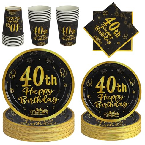 PYAILI 40 Geburtstag Partygeschirr für 24 Gäste - 96 Stück Schwarz und Gold Happy Birthday Party Pappteller Set