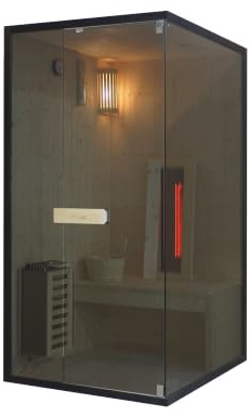 SANOTECHNIK Sauna & Cabina de infrarrojos GLACIER S para 1 persona, combinación de sauna infrarroja de madera de abeto con horno eléctrico de 3,6 kW, foco rojo de 400 W, cristal de seguridad, 100 x