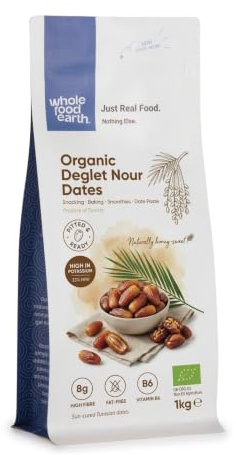 Wholefood Earth Dattes Deglet Nour séchées bio (dénoyautées) - 1 kg - Sans OGM - Véganes - Riches en fibres - Certifiées biologiques