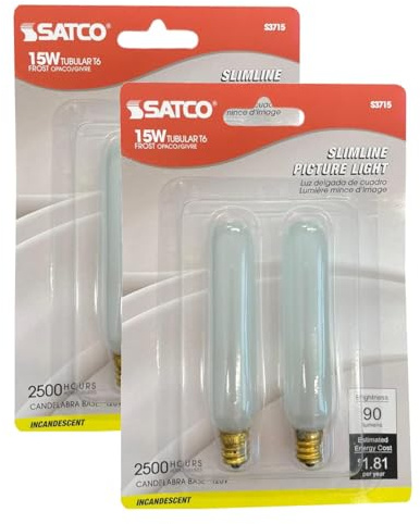 Satco S3715 Set of 2 Blister Packs Each with Two T6 Candelabra Tubular 15 Watt 120V Incandescent Dimmable Frosted Bulbs; Total of 4 Bulbs; C-5A Filament; E12 ANSI Base; 2700K Warm White