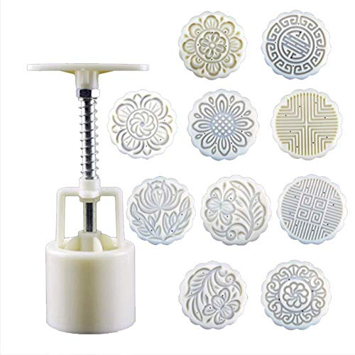 VALINK 11 pcs Pastry Mooncake Mold, Hand Pressure Maker Mould+ 100g/50g Flower Stamps Plunger Kit,Plastic Round Cookies Cutter Moon Cake Mould, Kitchen DIY Baking Decorating Tools Bakeware Gadget