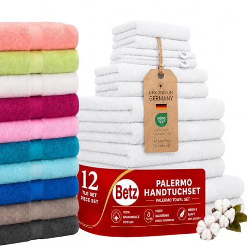 Betz Palermo Handtuch-Set 12-teilig – 100% Baumwolle – Oeko-TEX® Zertifiziert – extra saugfähig & weich – hohe Grammatur – Duschtücher, Handtücher, Gästetücher & Waschhandschuhe Farbe weiß