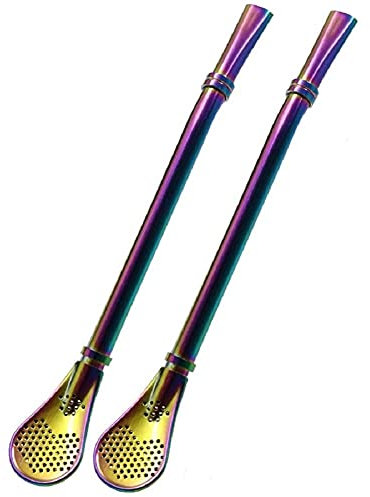 MAGICVOGEL 2er Set Edelstahl Trinkhalmlöffel Strohhälme Sieblöffel Wiederverwendbare Strohhalme Rührlöffel 15.5cm lang für Kaffee Tee Saft Cocktails (Bunt)