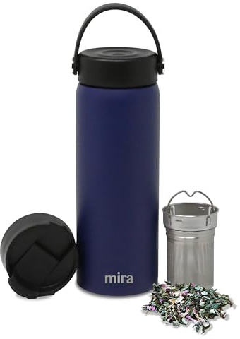 MIRA 18 oz Tea Infuser Thermo - Stainless Steel Travel Bottle with Removable Strainer for Loose Leaf Tea - Insulated Hot & Cold Brew Steeper - Marine