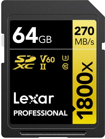 Lexar SDXC Professional 64GB 1800x UHS-II Serie Gold, Clase 10, U3, V60, Grabación de vídeo en 4K, Negro