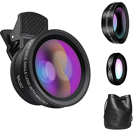 Kit di lenti universali per fotocamere telefoniche, obiettivo grandangolare/macro obiettivo, clip universale e sacchetto per la pulizia delle lenti, compatibile con la maggior parte degli smartphone