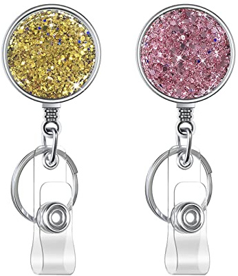 Boutilon Lot de 2 porte-badges rétractables – Enrouleurs de badges rétractables en plastique léger avec anneau porte-clés et clip de ceinture pour infirmière, bénévole, enseignant, étudiant (rose doré