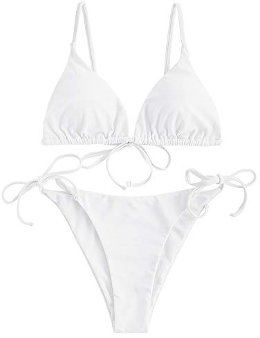 ZAFUL Damen Gepolstert Bikini Set, Einfarbig Bikini Badeanzug mit Dreieck Cup Spaghetti-Träger (Weiß, M)