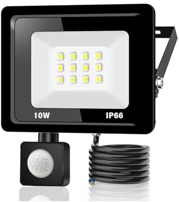 1*Faretto LED da Esterno con Sensore di Movimento 10W 1000LM Faro LED Esterno IP66 Impermeabile LED Esterno Bianco Freddo 6000K Lampada a Rsparmio LED per Cortile, Campo da Basket