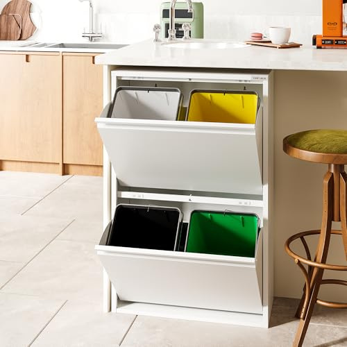 VEEHAUS Küchen Mülltrennsystem, Metall Müllschrank, 4 Klappfächer 4 x 15 L | Freistehend & vormontiert• 4 einzeln öffenbare Klappen, Magnetische Front, Herausnehmbare Eimer, 60L Weiß