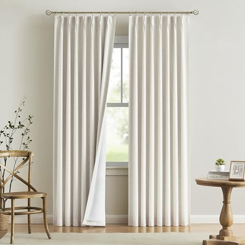 Vision Home Natural Pinch Pleated Full Blackout Curtains Linen Blended Room Darkening Window Curtains 108 inch for Living Room Bedroom Thermal Insulated Pinch Pleat Drapes with Hooks 40 Wx108 Lx2