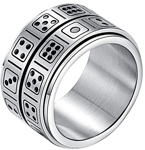JewelryWe Würfel Angst Ring Herren: Silber Edelstahl Fidget Spinner Ring mit Zweireihig Drehbaren Würfeln Anti Stress Fingerring 13mm Breit Band Glücksring Spinnring Schmuck für Männer Größe 65