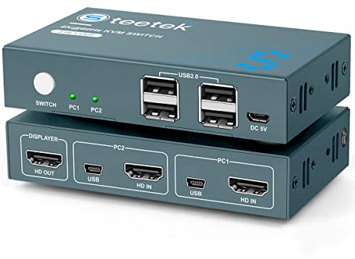 Steetek KVM Switch HDMI 2 Port, 4K@60Hz USB2.0 2 PC 1 Monitor Switch, HDCP2.2, HDMI2.0,Button Switch, Ultra HD, Compatible with PC, PS4, DVD, Xbox HDTV, 2 In 1 Out KVM Switch