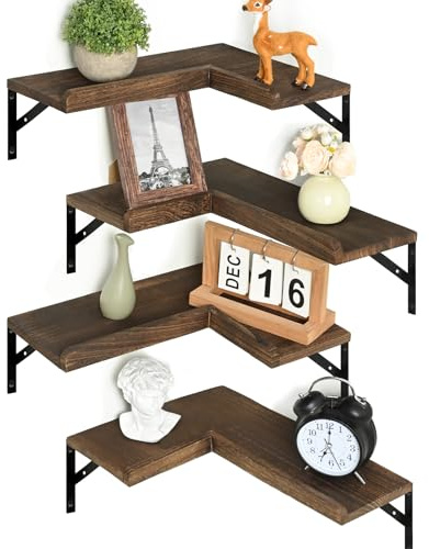 Livofloral 4-stöckige Eck-Schweberegale mit Schutzlippe, Eckregal Hängend zur Aufbewahrung, Rustikale Holzeck-Wandregale für Badezimmer, Schlafzimmer, Küche und Wohnzimmer, Braun