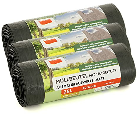 GERLINOVA Müllbeutel mit Tragegriff, Grau, 95% recyceltes Material (25 L, 3er Pack)