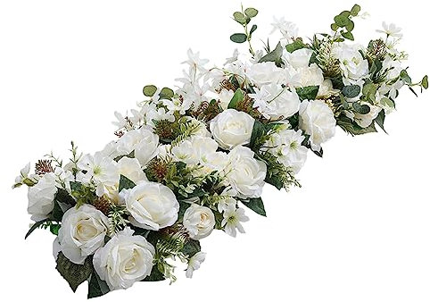 Warmiehomy Artificial Peony Flower Swag 100CM Floral Swag Artificial Peony Flower Wreaths With Peony Rose and Green Leaves Handmade Peony Garland For Wedding Home Party Arch Wall Decor White peony