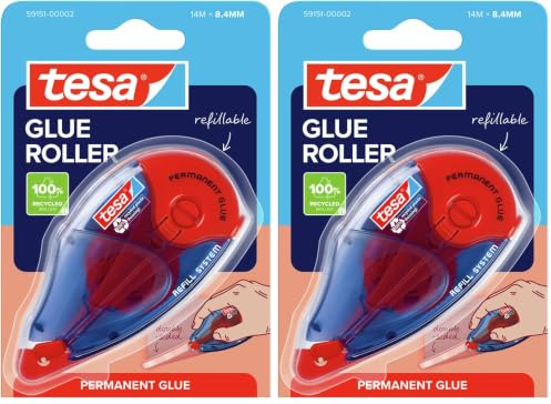 tesa Roller Kleben Permanent ecoLogo - Nachfüllbarer Kleberoller mit reißfestem Band und doppelseitigem Klebefilm - lösungsmittelfrei - 14 m x 8,4 mm (Packung mit 2)