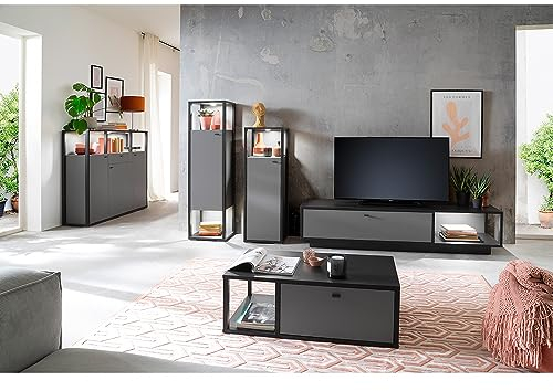 Lomadox Wohnzimmermöbel Set Wohnwand grau 5-teilig Modern mit anthrazit, 3 Highboards, 1 Lowboard, 1 Couchtisch