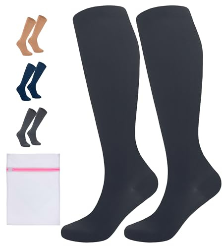 360 Relief Calze Compressione Graduata Donna e Uomo - Taglie forti 1 Coppia Solido Colore Gambaletti Compressione per Sports, Running, Viaggio, Ciclismo, Lavoro - 4XL Nero con Borsa Lavanderia