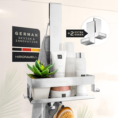 KRONWELL® Duschablage zum Hängen - rostfrei + 2 zusätzliche Haken - Duschregal zum Hängen - Duschkorb hängend Edelstahl - Shampoo Halterung für Dusche - Chrom