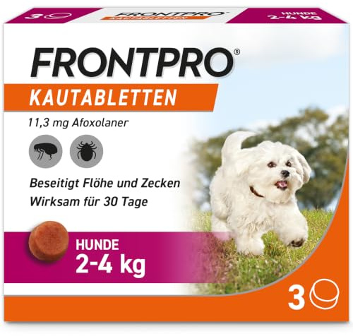FRONTPRO Hund S - Kautablette gegen Zecken & Flöhe (Hunde 2 bis 4 kg) | 3x Kautabletten für 3 Monate Zecken- & Flohschutz - schmeckt einfach mit oder ohne Futter - schnelle Wirkung - kleine Hunde