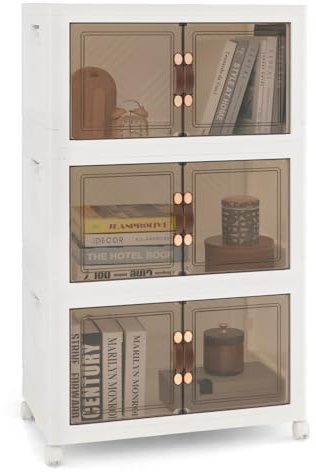 CASART Shoe Storage Box, 3/4/5 Tier Plastic Storage Boxes with Lids, Magnetic Doors & Wheels, Stackable Storage Bins Collapsible Organizer for Bedroom Living Room Entryway Kitchen (3-Pack 227L)