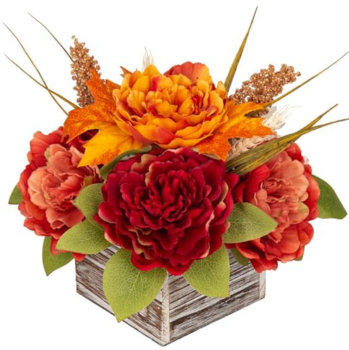 Oairse Herbstdeko Kunstblumen in Holzvase mit Pfingstrosen, Hortensien, Herbstblätter, Herbst-Beeren, Herzstück für Herbsthochzeit, Herbst-Wohnkultur, Thanksgiving-Dekoration, Halloween Deko