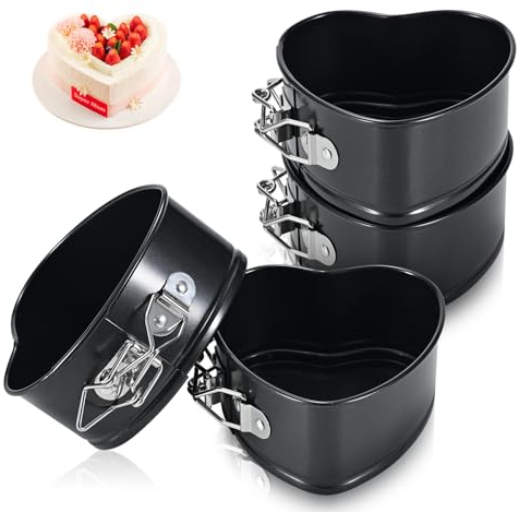 ECCOGREAT Set di 4 teglie per cheesecake antiaderenti da 10,2 cm, a prova di perdite con fondo rimovibile, per mini torte, pizze e soufflé, cheesecake, torte di compleanno, a forma di cuore