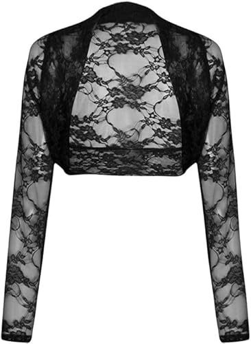 R&N FASHIONS - Chaqueta tipo cárdigan corto para mujer, estilo bolero, de manga larga, con frente abierto, estilo moderno, elegante, sofisticado, cómodo y versátil, Encaje negro., S-M