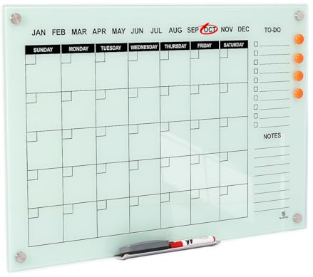 TSJ OFFICE Glass Calendar Whiteboard - 36 x 24 Inches Wall Mounted Monthly Dry Erase Calendar for Wall, Large Magnetic Glass White Board for Office, Home & School