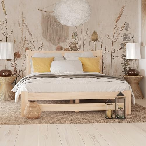 Home Collective Holzbett 160x200 cm mit Lattenrost Modern Bett Bed Kiefer Massiv Bettgestell Doppelbett Massivholzbett Klassisch Komfortabel & Langlebig Skandinavisch Boho Landhaus Kopfteil hoch natur