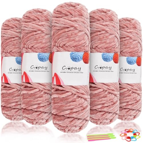 Coopay - Hilo de chenilla de terciopelo para tejer a ganchillo, 500 g (5x100 g) Hilo de chenilla de terciopelo, lana gruesa para tejer, lana de chenilla suave y sedosa con accesorios para tejer para