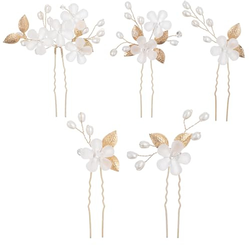 Lusofie 5Pcs Flower Bridal Hair Pins White Pearl Hair Pins Gold Flower Wedding Hair Pieces Hair Flowers Wedding Hairs Accessories for Women Girls(3.54In)