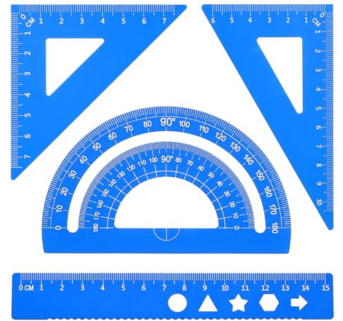 PATIKIL Set di Squadra Triangolare, Righello Metrico da 15cm in Alluminio, Squadra Triangolare 45°60° e Goniometro, 4Pz, Blu