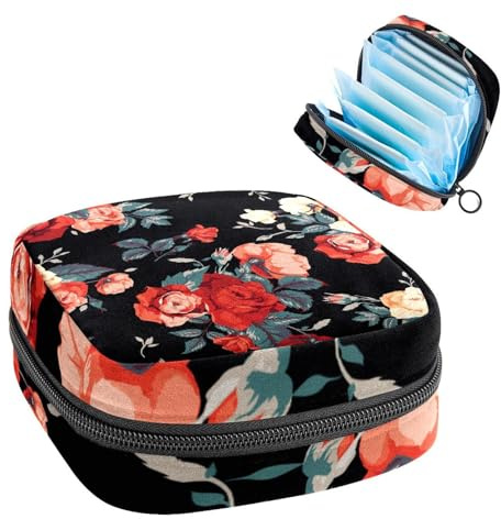 Aufbewahrungstasche für Damenbinden, Menstruationstasse, Tamponbeutel, Periodeneinlagen-Halter, Organizer für Frauen und Mädchen, schwarze Blumen
