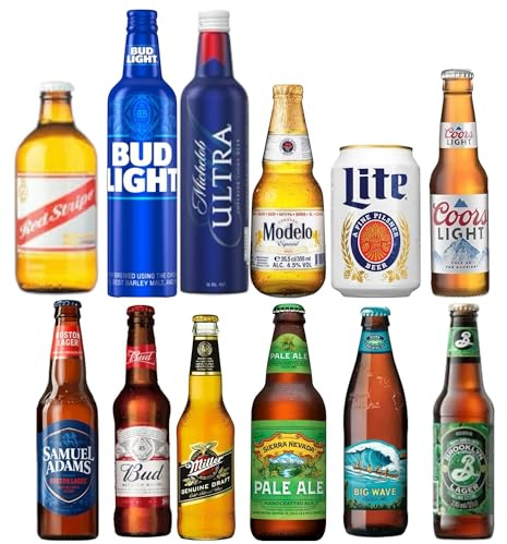 12 Flaschen Mega Mixpaket amerikanischer Biere Bud Ligt, Michelob, Coors Light, Samuel Adams, Bud, Lite, Miller, Sierra Nevada, Medelo, Red Stripe, Brooklyn Lager + Bierdeckel Haus der Biere Berlin
