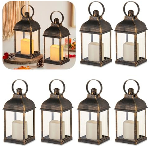 Staymoment Farolillo con velas LED negro y dorado: juego de 6 de 22 cm para mesa, salón, balcón, decoración vintage, boda, cementerio, resistente